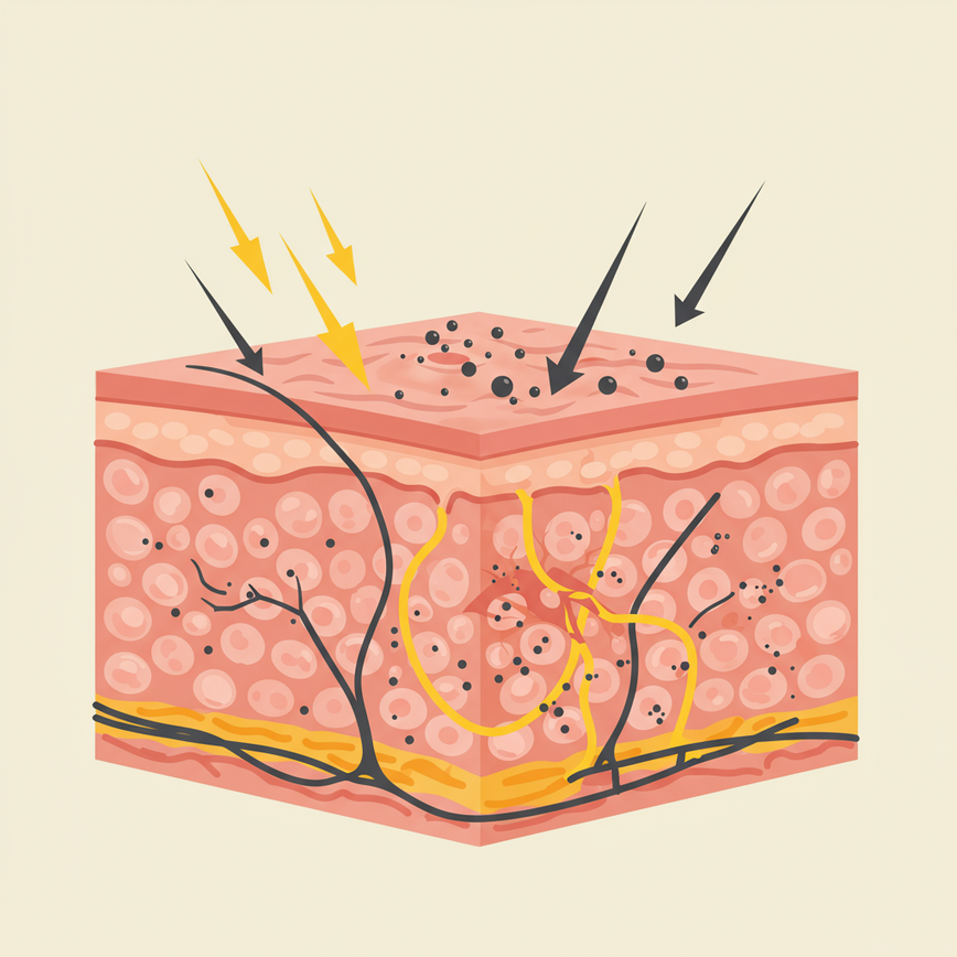 To visually represent the external factors like sun exposure and pollution that accelerate the aging process, as described in the article.