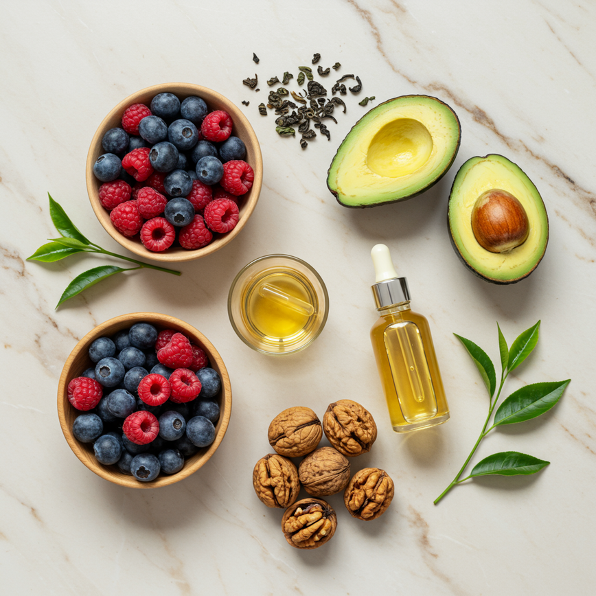 To illustrate the holistic strategies for combating aging, focusing on a nutrient-rich diet and high-quality collagen supplementation. Ro: Ingridiente pentru cum sa incetinesti procesul de imbatranire, foloseste).