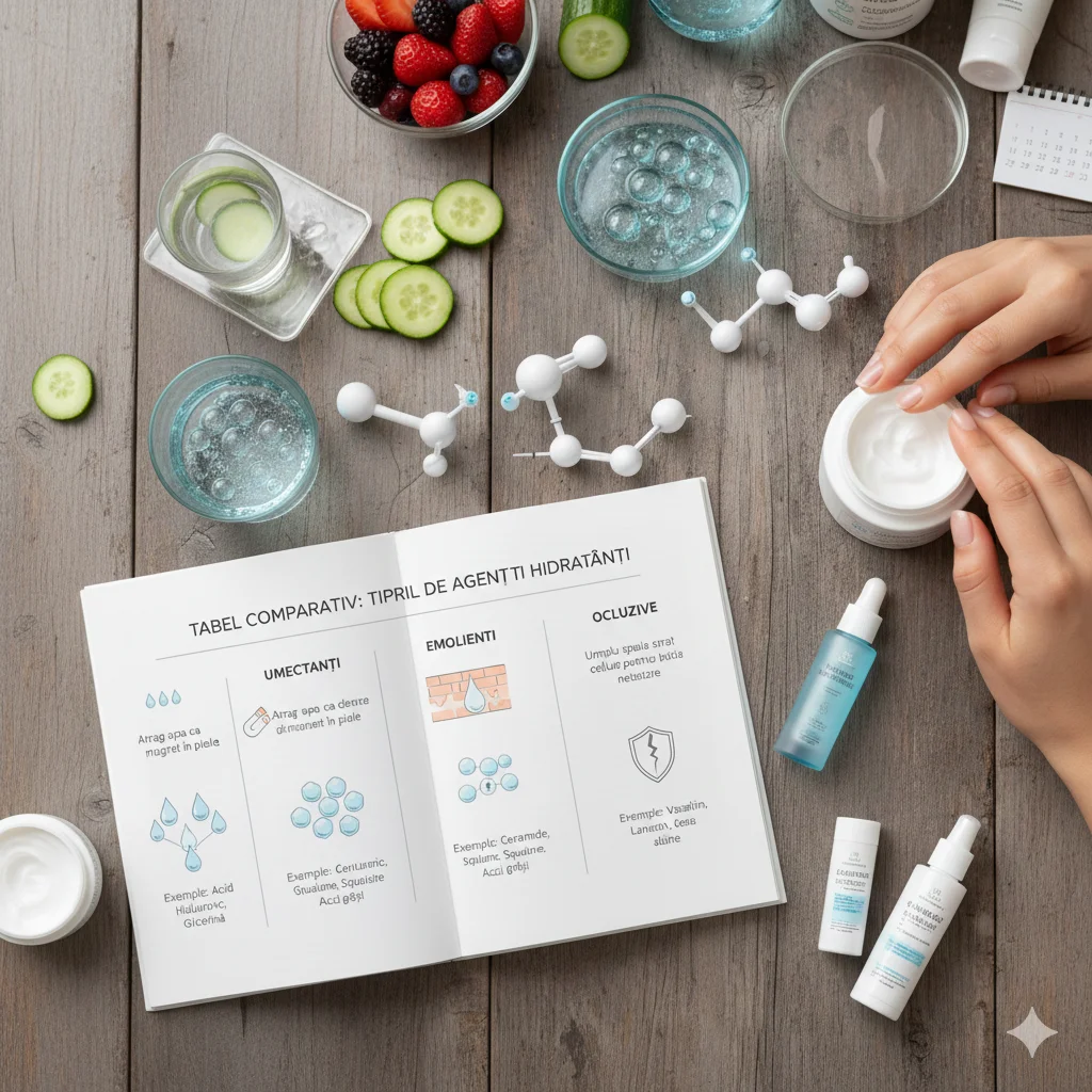 comparative table of moisturizing agents skincare flat lay